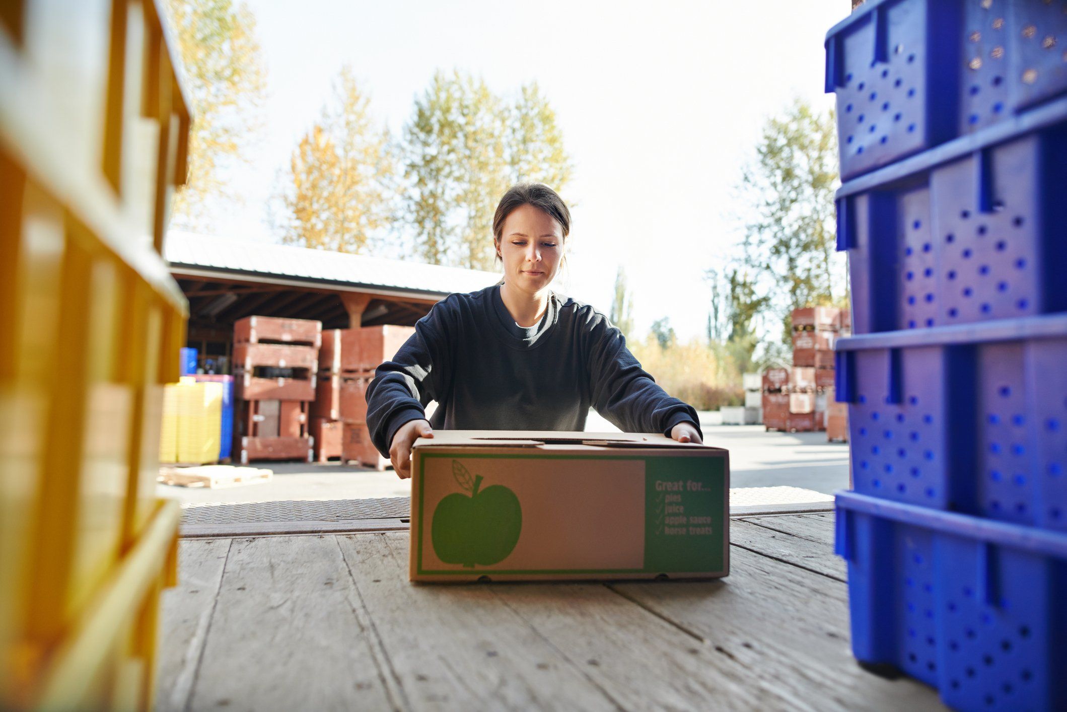 A farmer loads a box of apples onto a truck.