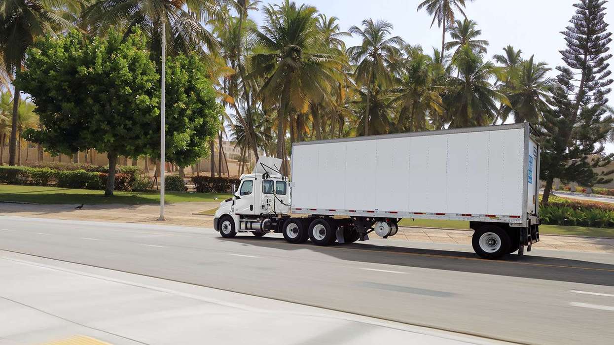 A used white semi-truck drives along a street lined with palm trees.