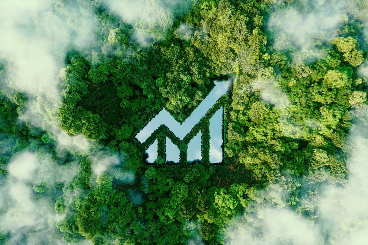 Bar graph cut into an overhead image of trees