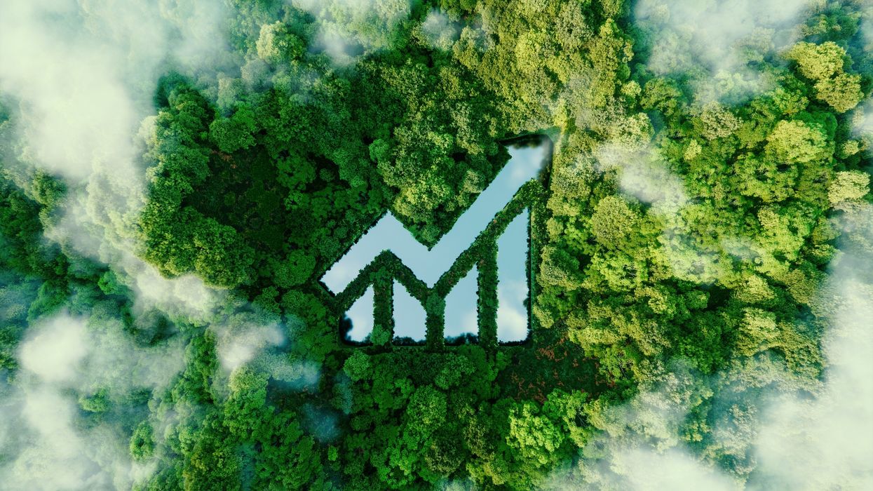 Bar graph cut into an overhead image of trees