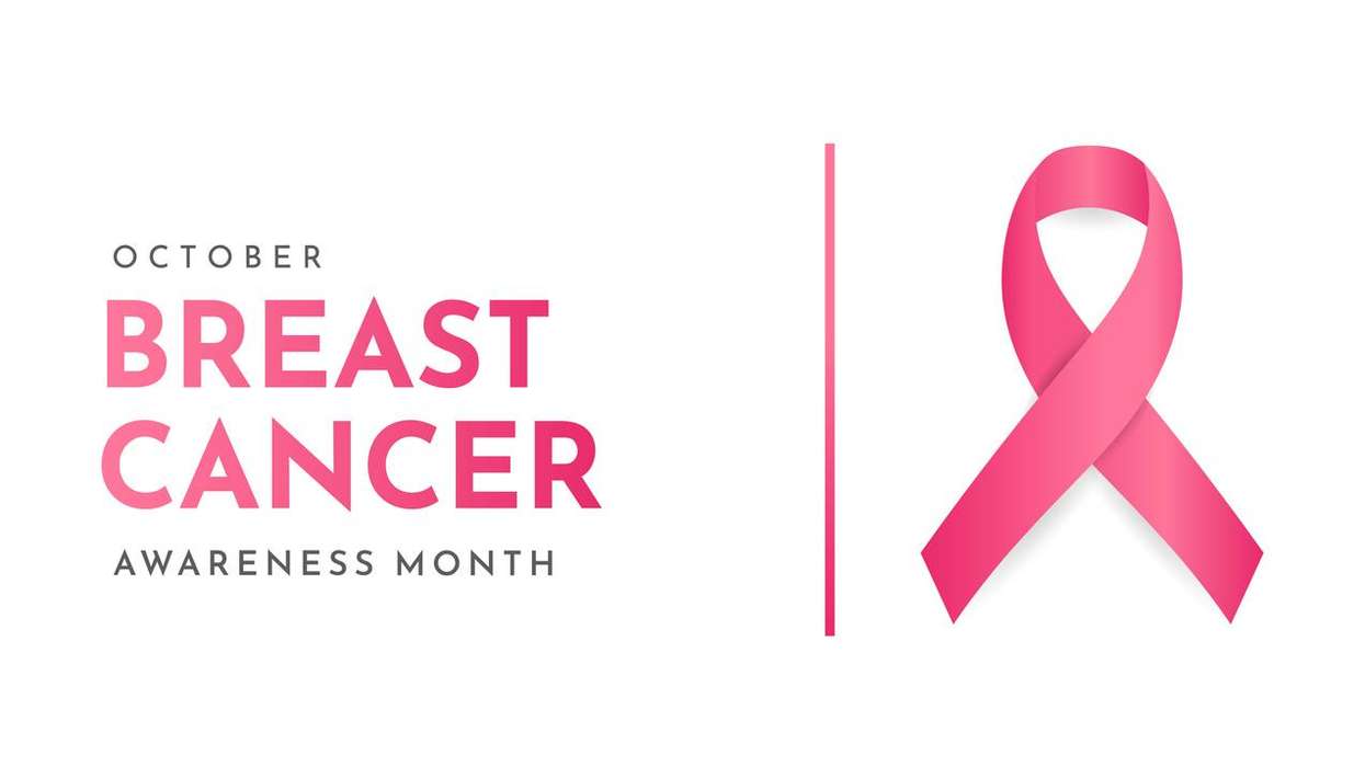 "Breast Cancer Awareness Month text with pink ribbon symbol."