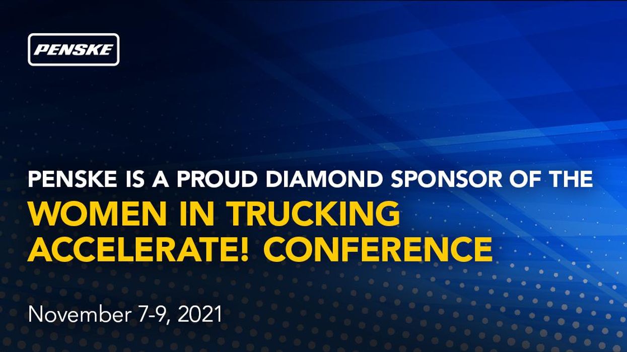 Graphic with text "Penske is a proud diamond sponsor of the Women in Trucking Accelerate Conference November 7-9, 2021."