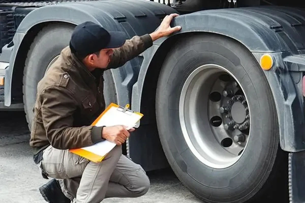 Inspector checking tires on a truck