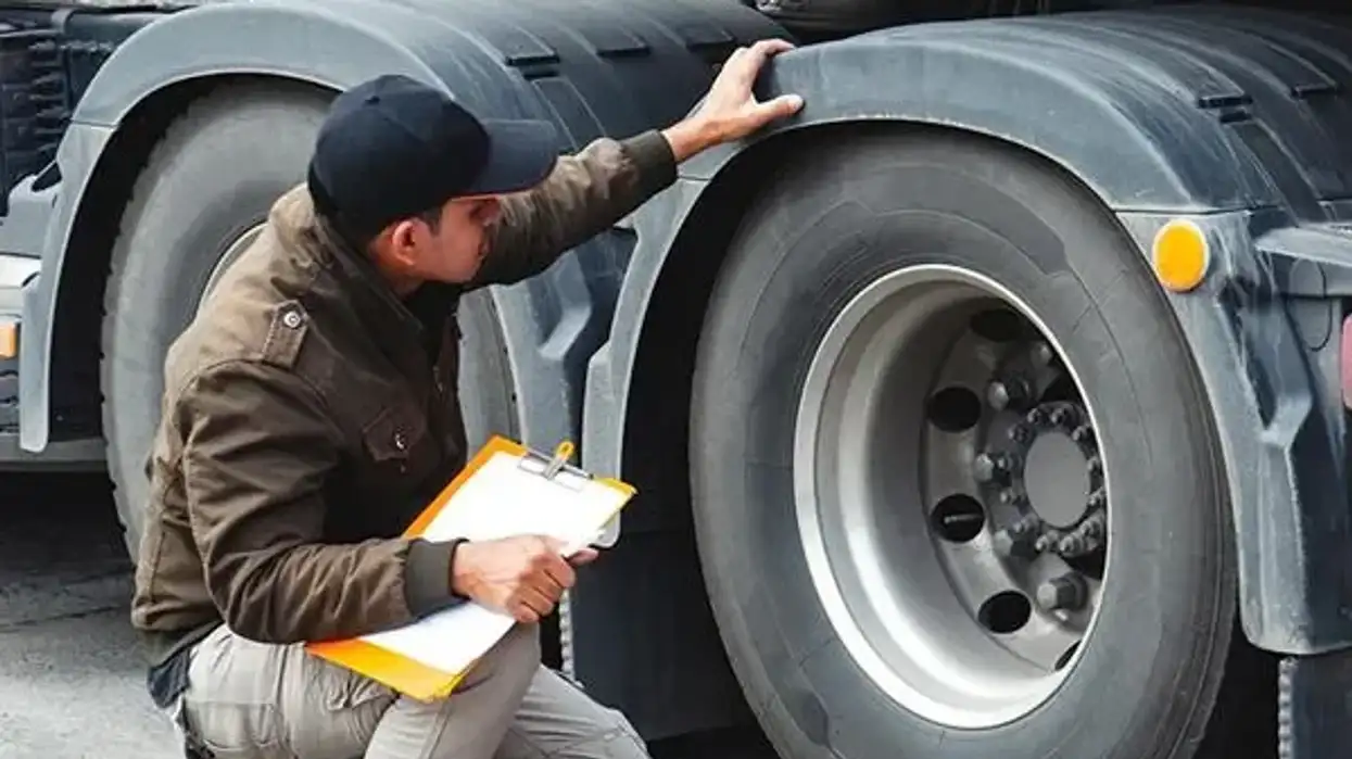 Inspector checking tires on a truck
