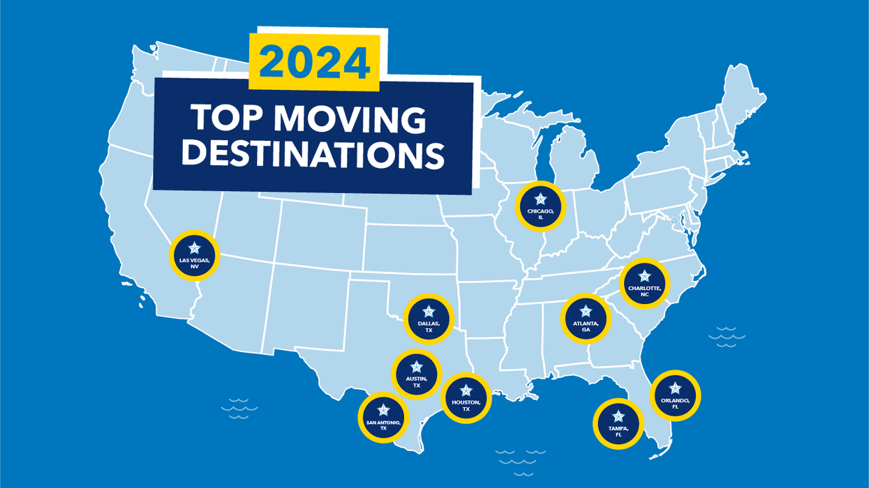 Map of the United States and the top 10 moving destinations of 2024