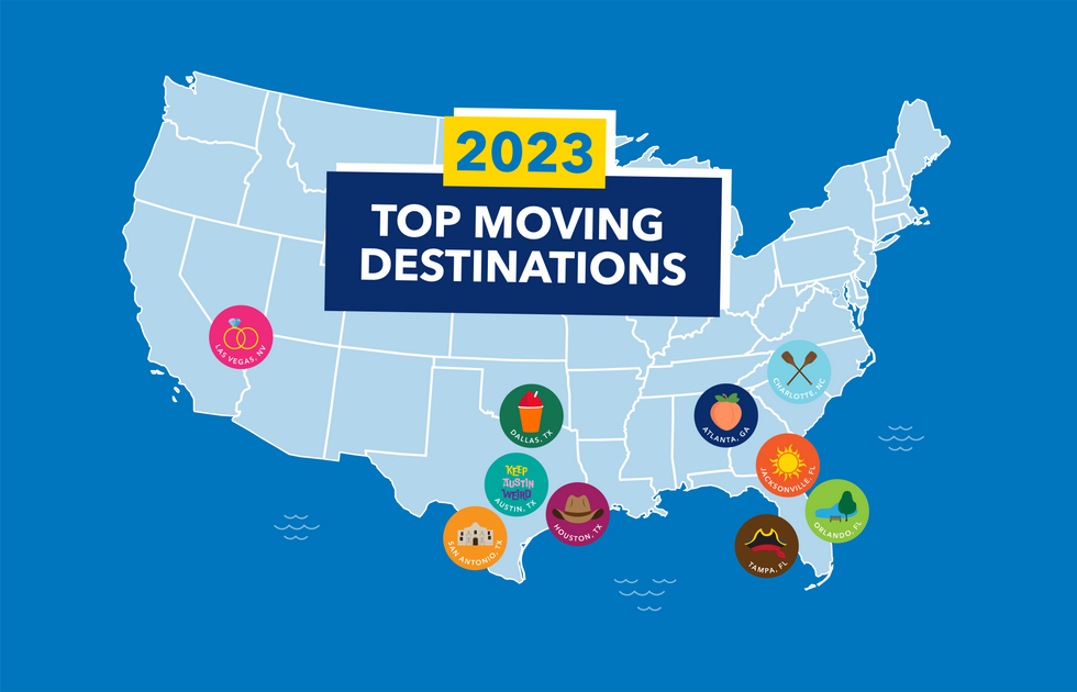 Map of the USA highlighting the Top 10 Moving Destinations with colorful illustrations of location highlights.