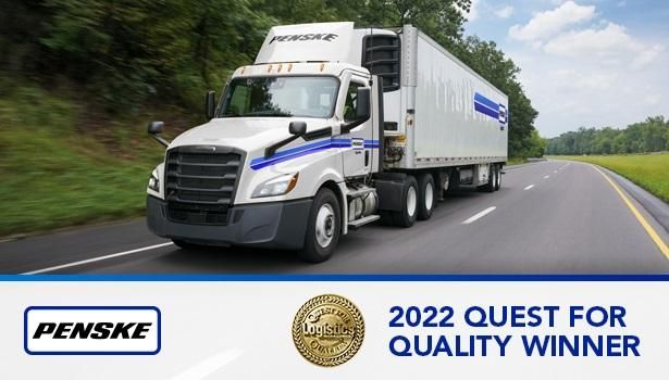 Penske Logistics truck driving on the highway above a Quest for Quality Award banner.
