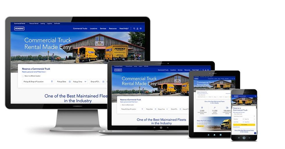 Penske's Commercial Truck Rental website shown optimized on different devices: desktop, laptop, tablet and mobile device.