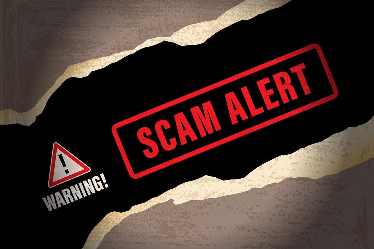 Red triangle with "Warning" underneath next to "Scam Alert" in red