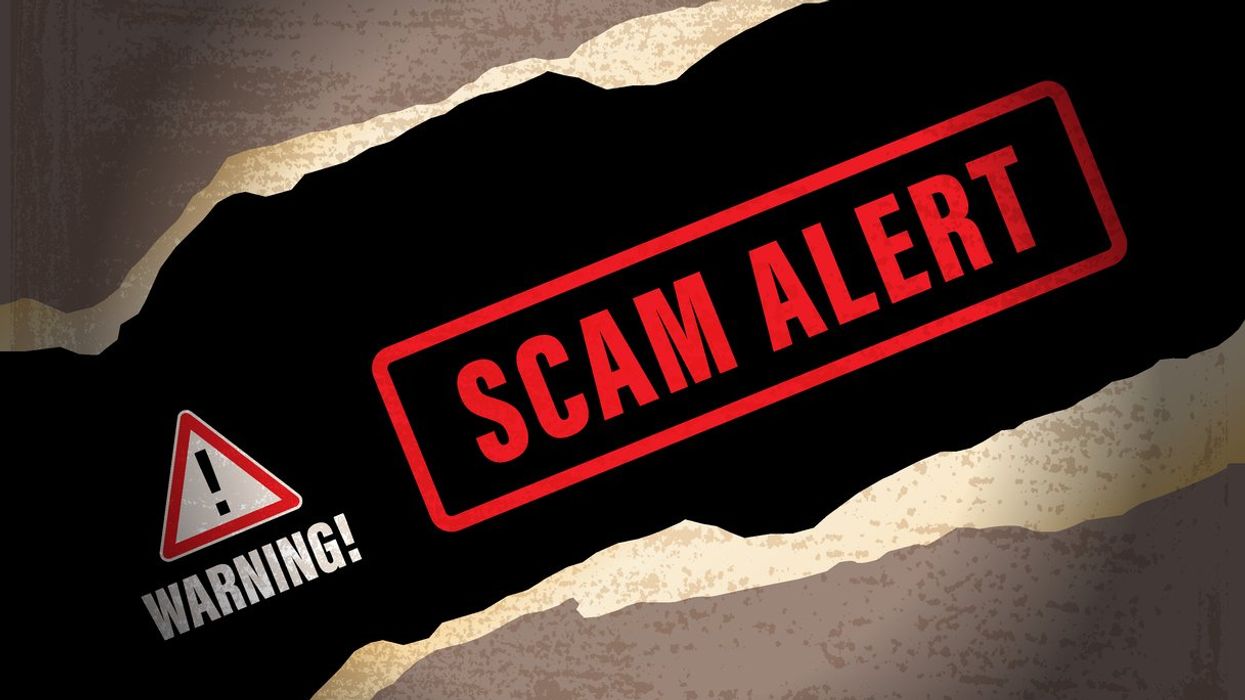 Red triangle with "Warning" underneath next to "Scam Alert" in red
