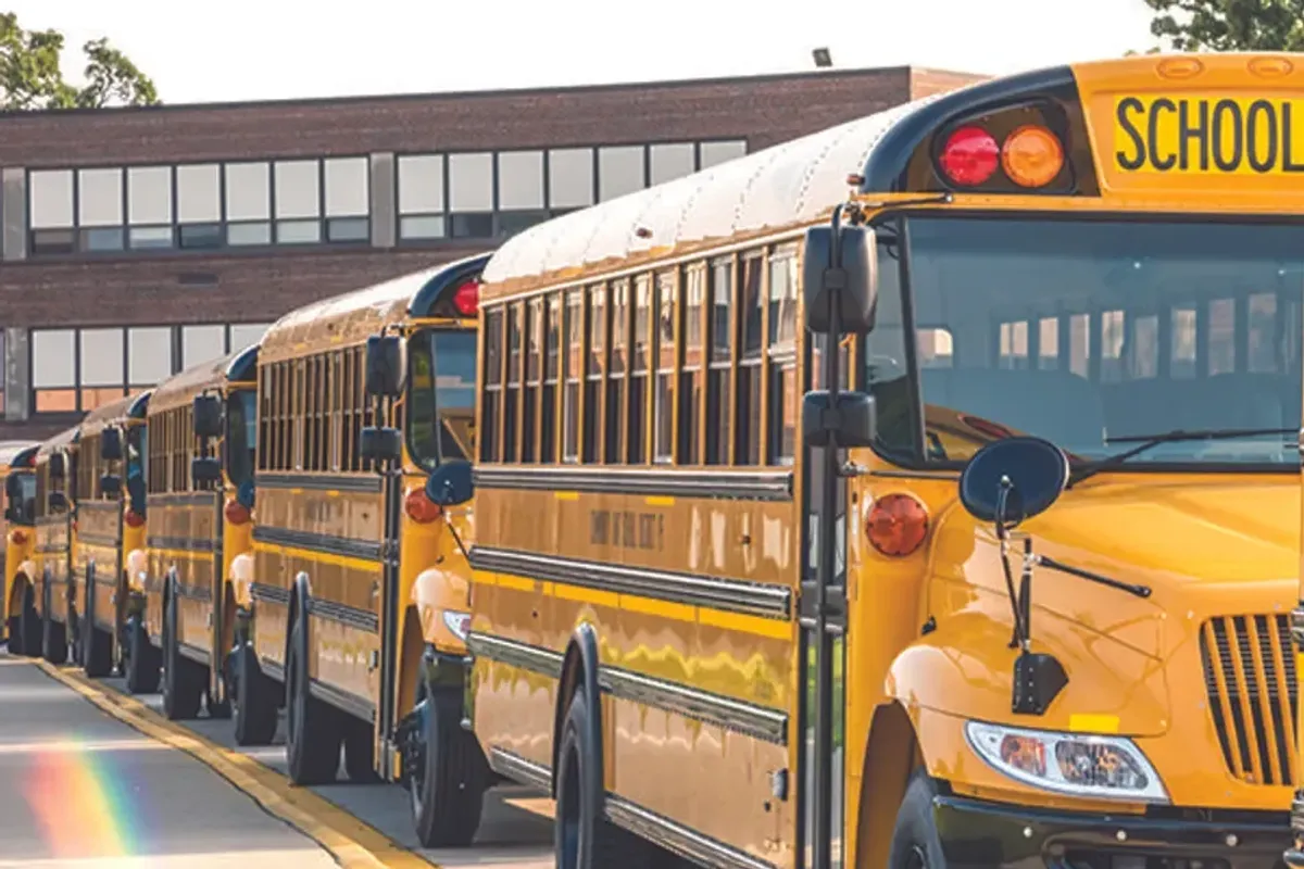 School buses lined up in a safety zone