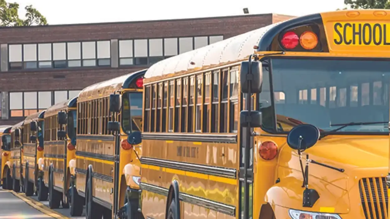 School buses lined up in a safety zone