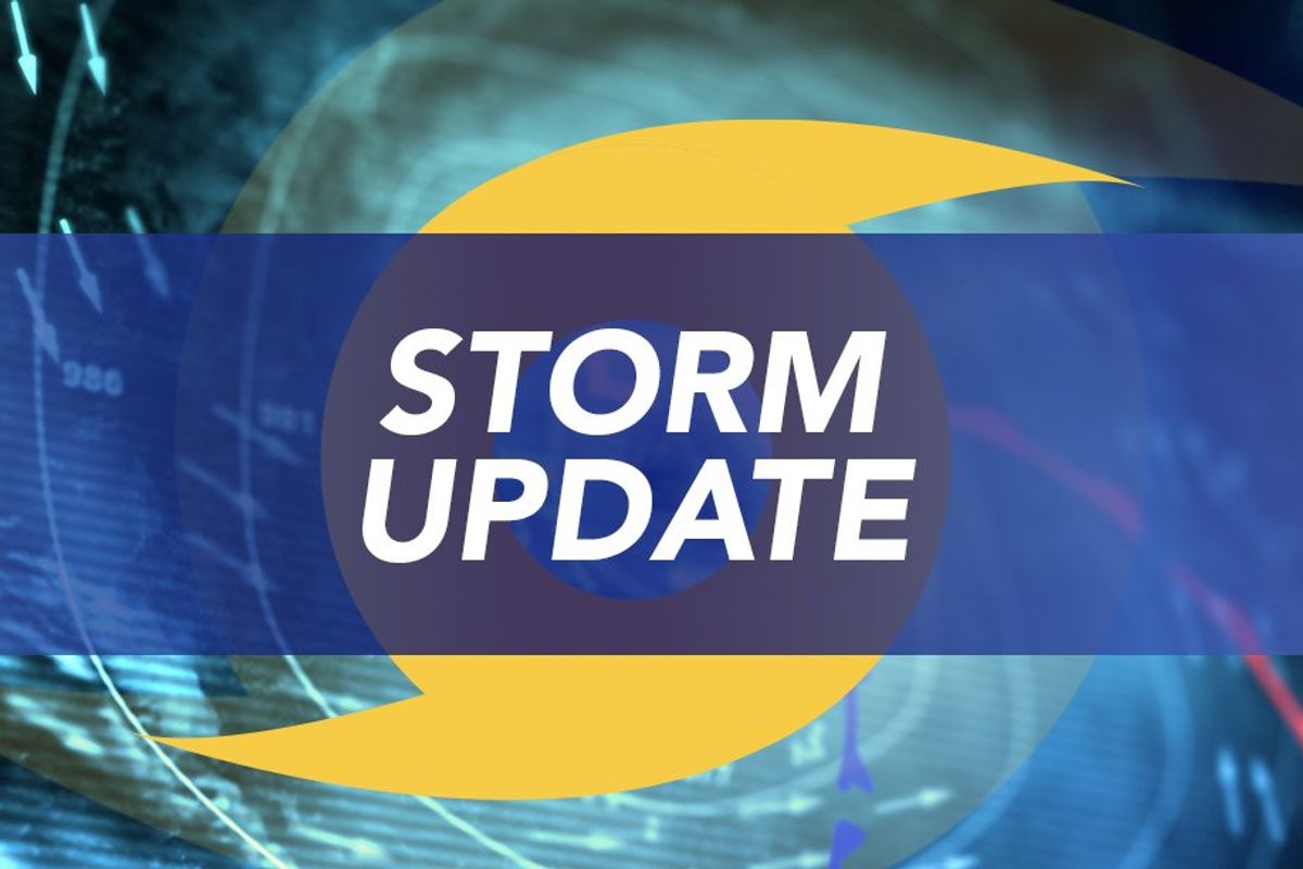 "Storm Update" words over a storm tracker screen.