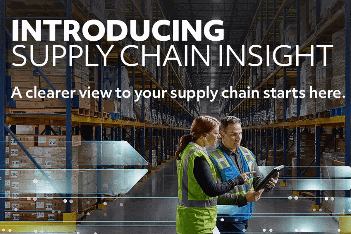 Warehouse workers reviewing data on a tablet, text: "Introducing Supply Chain Insight".