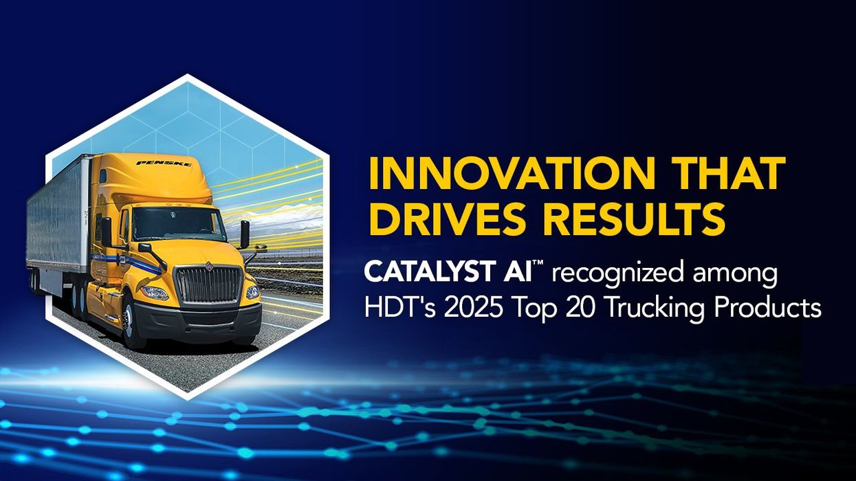 Yellow Penske truck with text announcing Catalyst AI as Heavy Duty Trucking 2025 Top Product