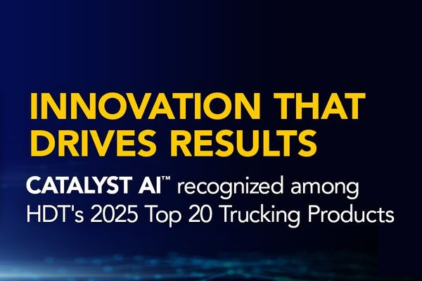 Yellow Penske truck with text announcing Catalyst AI as Heavy Duty Trucking 2025 Top Product